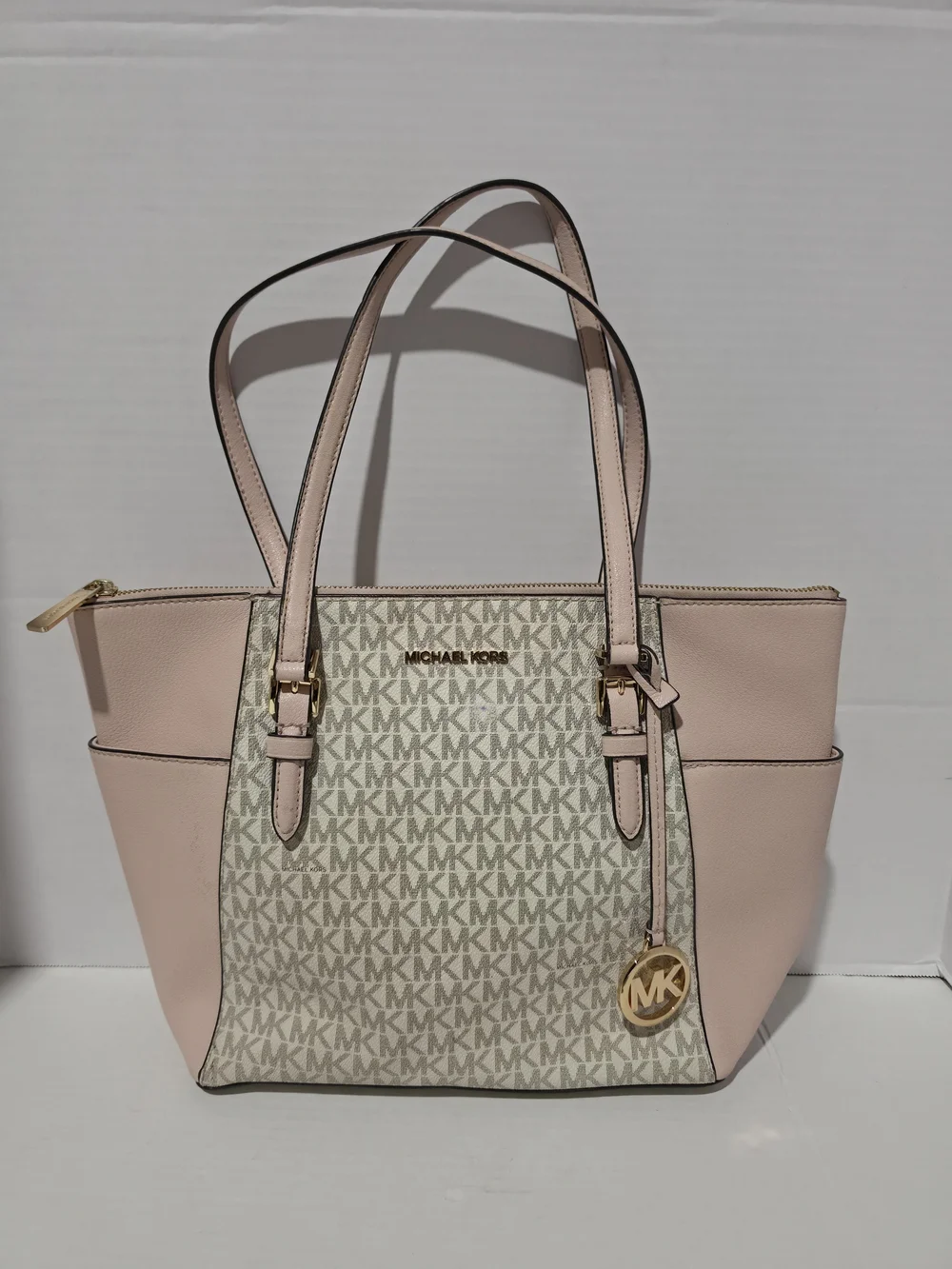 Michael Kors MK Monogram Zip Top Tote Beige/Blush Gold Hardware Charm Pockets